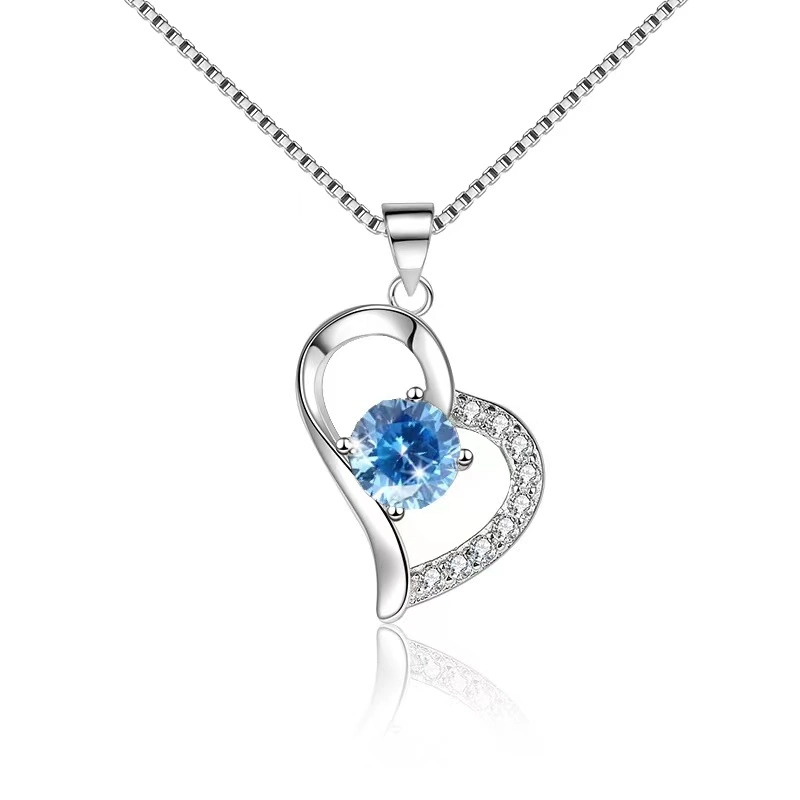 Fashionable 925 Sterling Silver Heart Shape Aquamarine Crystal Stone Pendant Women Necklace Jewelry