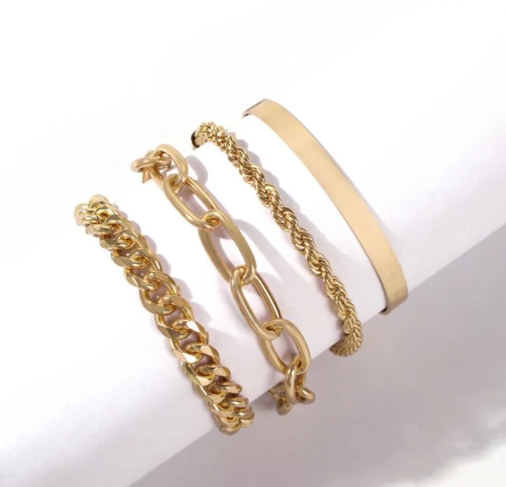 Popular Cool Punk Rock Chain Adjustable Bracelet Set Long Alloy Metal Bangle Bracelet for Women